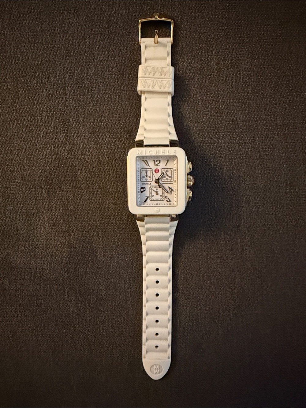 Michele White Square Chronograph Silicone Strap Watch